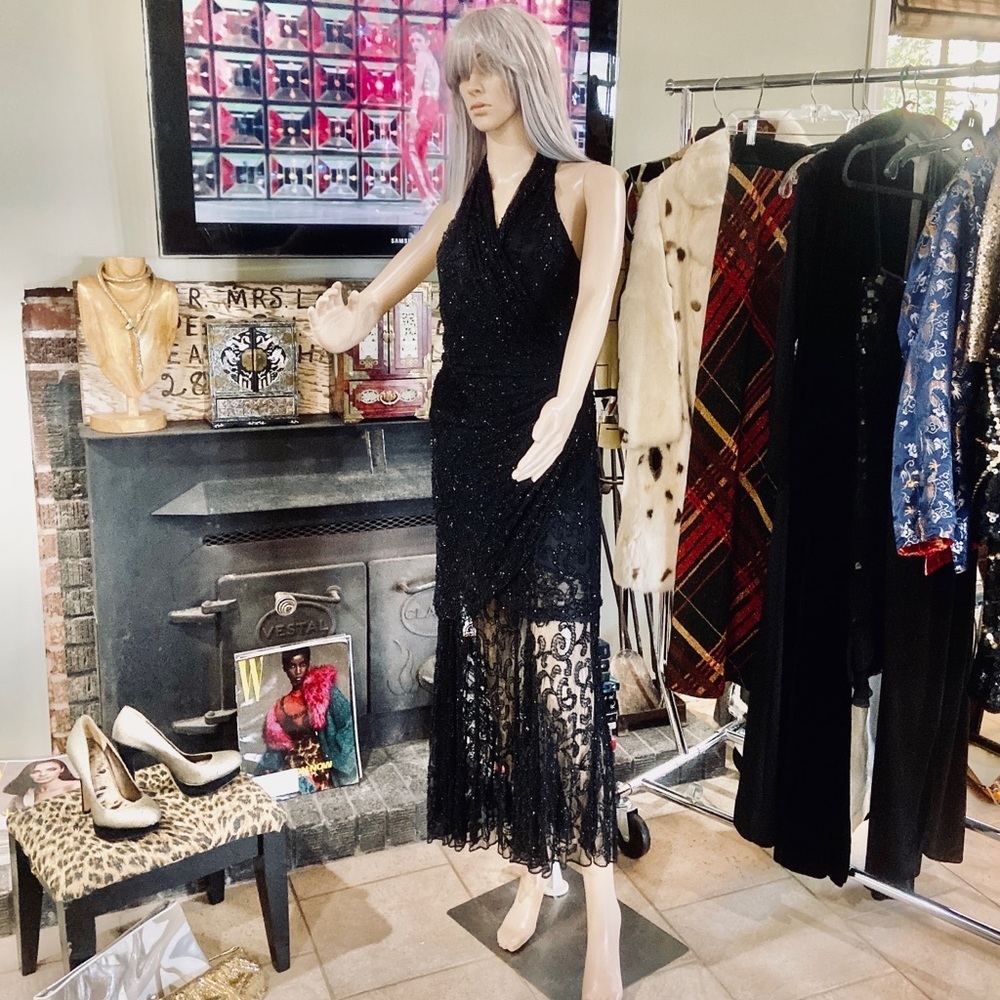 VTG Carmen Marc Valvo Beaded Dress Black Gown